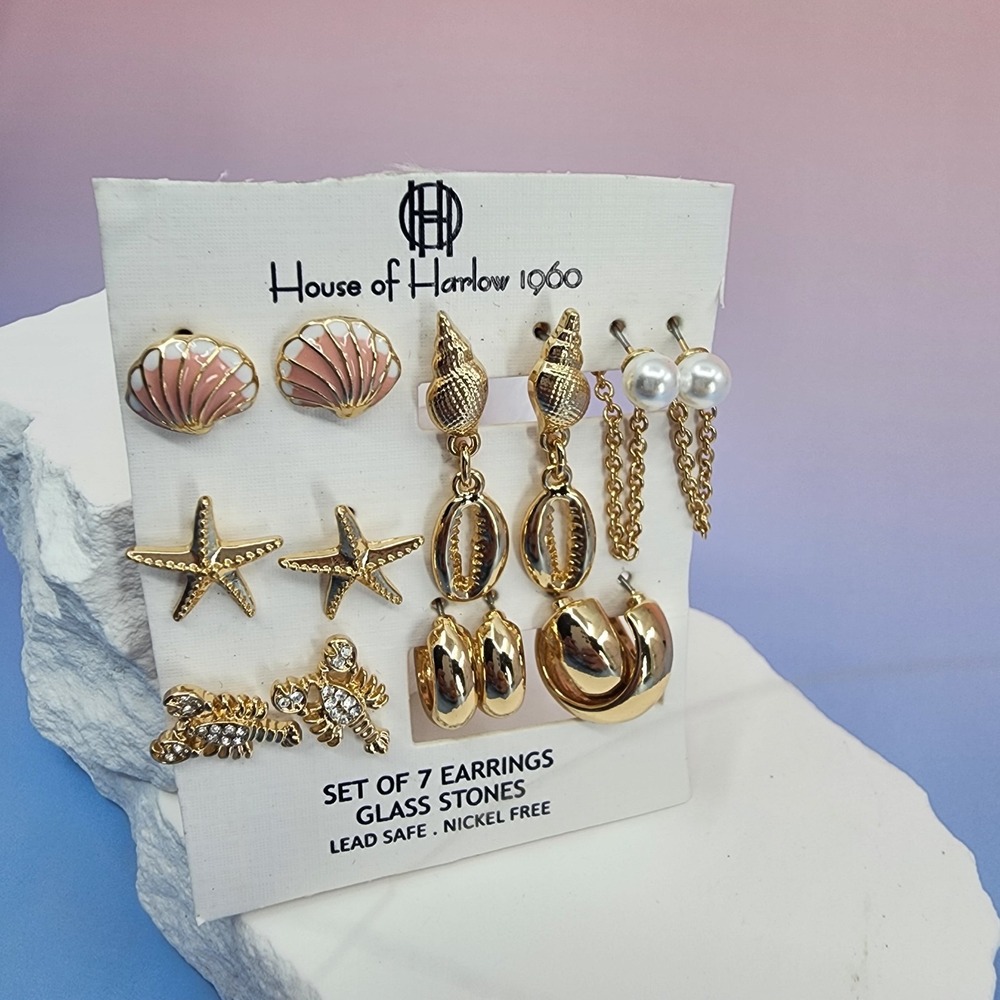 House of Harlow 1960 Gold Tone 7 Pair Earrings Shell Starfish Pearl Coastal Gift